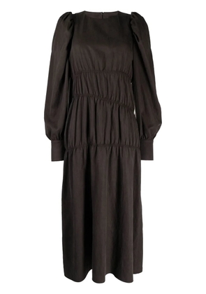 Goen.J ruched puffed-sleeve midi dress - Brown