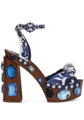 Dolce & Gabbana Majolica-print 90mm embellished wedge sandals - Blue