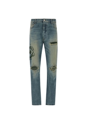AMIRI Hollywood MX1 distressed embroidered straight-leg jeans - Blue