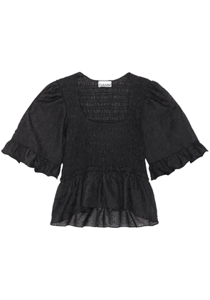 GANNI Crinkled Georgette Smock Blouse - Black