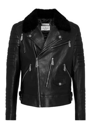 Philipp Plein shearling-collared biker jacket - Black