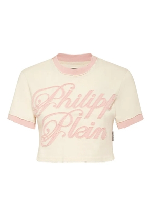 Philipp Plein logo-embroidered cotton top - Neutrals