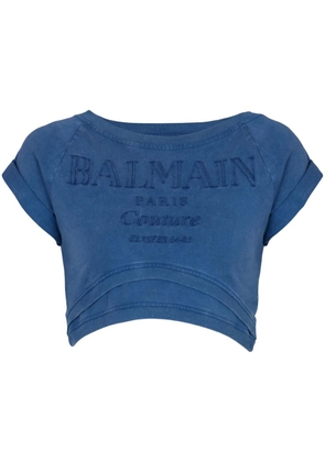 Balmain embroidered cropped T-shirt - Blue