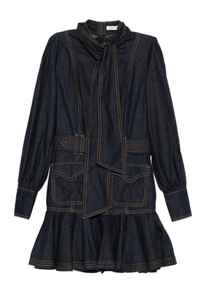 ZIMMERMANN tied-neck ruffled denim dress - Blue