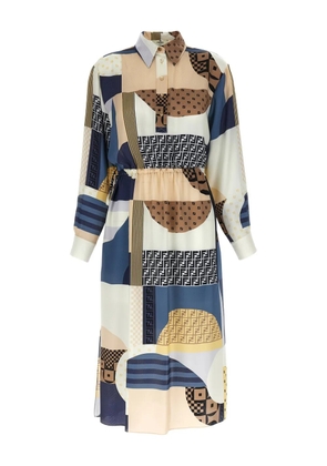 FENDI geometric-print silk belted dress - Blue