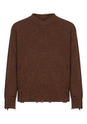 MM6 Maison Margiela ribbed v-neck distressed sweater - Brown