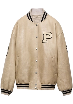 Prada logo-appliqué leather bomber jacket - Neutrals