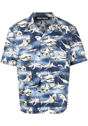 Palm Angels Sharks-print bowling shirt - Blue