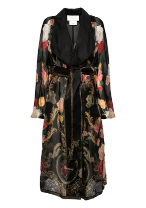 Camilla floral-print silk coat - Black