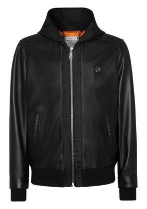 Philipp Plein leather and satin hooded bomber jacket - Black