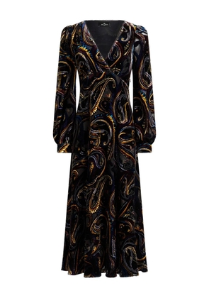 ETRO velvet paisley-foliage motif wrap midi dress - Black