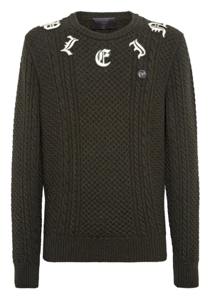 Philipp Plein logo-appliqué cable-knit jumper - Green