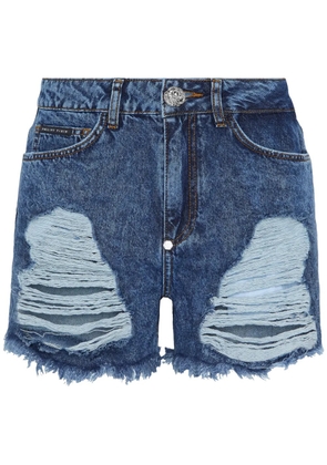 Philipp Plein mid-rise ripped denim shorts - Blue