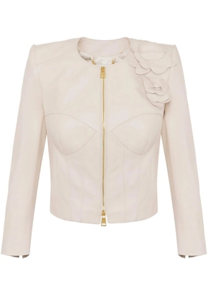Elisabetta Franchi flower appliqués leather jacket - Neutrals
