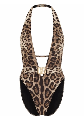 Dolce & Gabbana leopard-print belted swimsuit - Brown