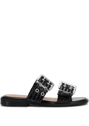 GANNI Buckle flat leather sandals - Black