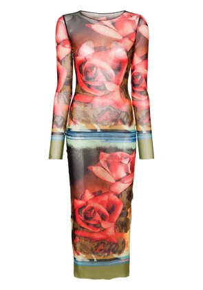 Jean Paul Gaultier rose-print mesh midi dress - Green