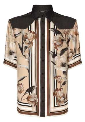 Dolce & Gabbana floral-print denim shirt - Brown
