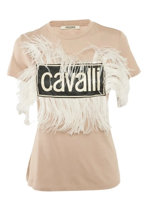 Roberto Cavalli feather-trimmed logo T-shirt - Neutrals