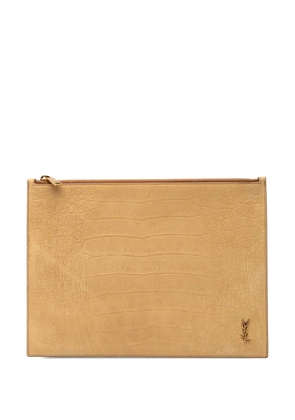 Saint Laurent Pre-Owned 2020 Croc Embossed Leather Tiny Monogram Zipped Tablet Holder clutch bag - Brown