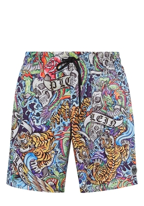 Philipp Plein Tattoo-print drawstring swim shorts - Blue