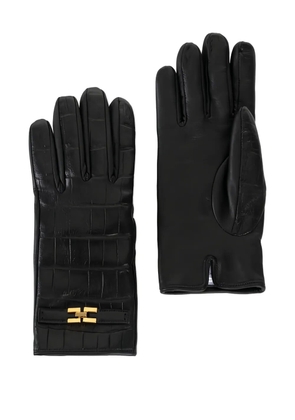 Elisabetta Franchi crocodile-print logo leather gloves - Black