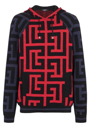 Balmain monogram-print drawstring hoodie - Blue