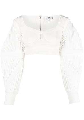 Hervé Léger puff-sleeve pleated cropped blouse - White