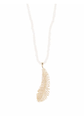 Mizuki 14kt yellow gold long Dancing pearl large diamond feather necklace