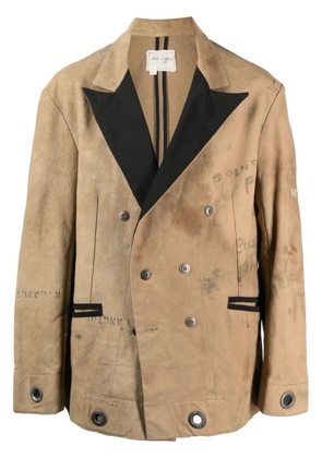 Greg Lauren stamp-print double-breasted coat - Brown