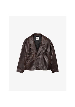 Womens Sandro Oversized-Collar Relaxed-Fit Leather Jacket