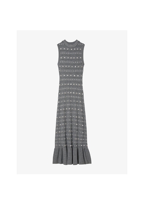 Womens Sandro Studded Ruffled-Hem Stretch Pointelle-Knit Maxi Dress