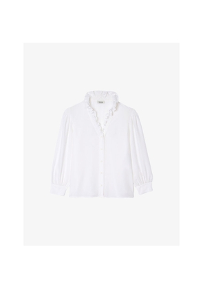 Womens Sandro Ruffle-Neck Long-Sleeve Silk Shirt