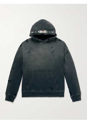 KAPITAL - Embellished Suede-Trimmed Distressed Cotton-Jersey Hoodie - Men - Gray - 2