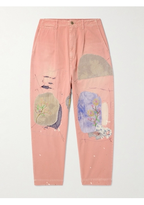 KAPITAL - Katsuragi Tapered Appliquéd Distressed Cotton-Twill Trousers - Men - Pink - 2