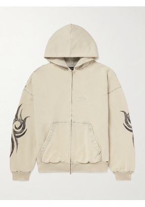 Balenciaga - Distressed Logo-Embroidered Printed Cotton-Jersey Zip-Up Hoodie - Men - Neutrals - S