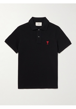 AMI PARIS - Logo-Embroidered Organic Cotton-Piqué Polo Shirt - Men - Black - XS