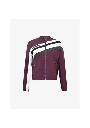 Womens Mistress Rocks Contrast-Stripe Slim-Fit Vegan-Leather Biker Jacket