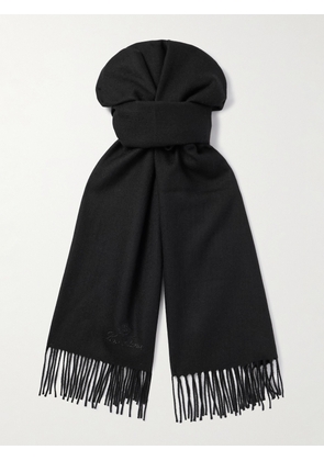 Loro Piana - Logo-Embroidered Fringed Herringbone Cashmere Scarf - Men - Black