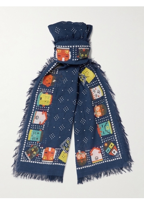 KAPITAL - Frayed Printed Cotton-Blend Gauze Scarf - Men - Blue