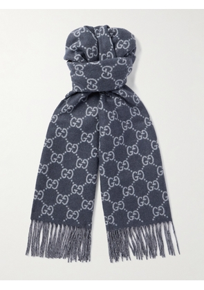 Gucci - Fringed Logo-Jacquard Cashmere Scarf - Men - Blue