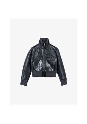 Womens The Kooples Funnel-Neck Ribbed-Trim Leather Jacket