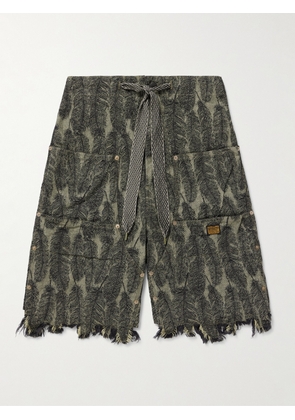 KAPITAL - Magpie Straight-Leg Distressed Cotton-Jacquard Drawstring Shorts - Men - Green - 2