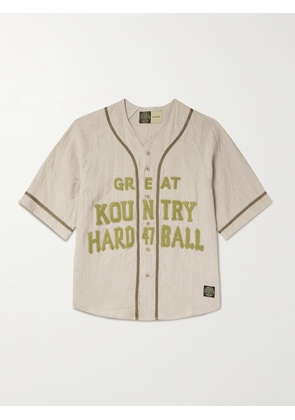 KAPITAL - Great Kountry Grosgrain- and Felt-Trimmed Logo-Appliquéd Linen Shirt - Men - Neutrals - 2