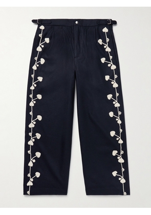 BODE - Snowdrop Straight-Leg Appliquéd Herringbone Wool-Blend Trousers - Men - Blue - UK/US 28