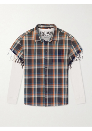 Satoshi Nakamoto - Layered Frayed Checked Cotton-Flannel and Waffle-Knit Shirt - Men - Orange - S