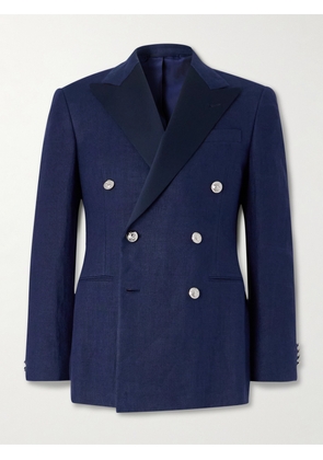 Ralph Lauren Purple Label - Double-Breasted Satin-Trimmed Linen-Canvas Blazer - Men - Blue - UK/US 38