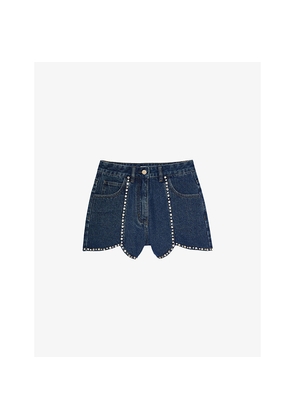 Womens Sandro Rhinestone-Embellished Tulip-Hem Denim Shorts