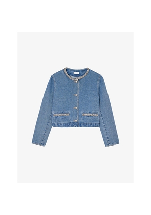 Womens Sandro Rhinestone-Embellished Round-Neck Denim Jacket
