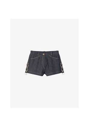 Womens Sandro Ring-Embellished Contrast-Stitch Denim Shorts